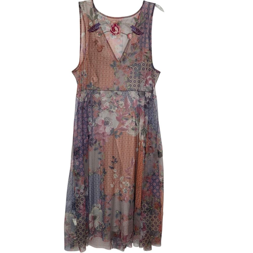 BIYA Johnny Was Arlette Mesh Dress w Slip Embroidered Size XL Midi Floral - Picture 7 of 14